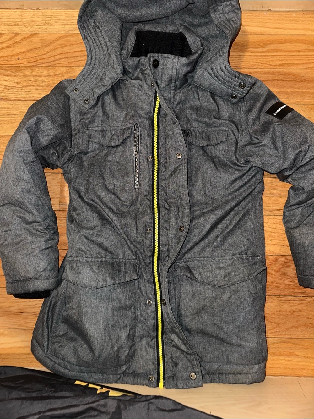 Calvin Klein Gray Kids Hooded Puffer Coat with Neon Yellow Zip
